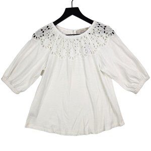 Loft Blouse Size XXS White Embroidery Cut-Outs Eyelets Pheasant Boho Cotton